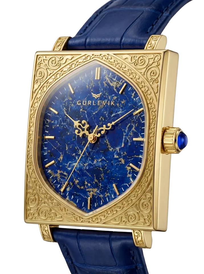 Gurlevik Kapılar Lapis Lazuli Gold Engraved Otomatik Erkek Kol Saati